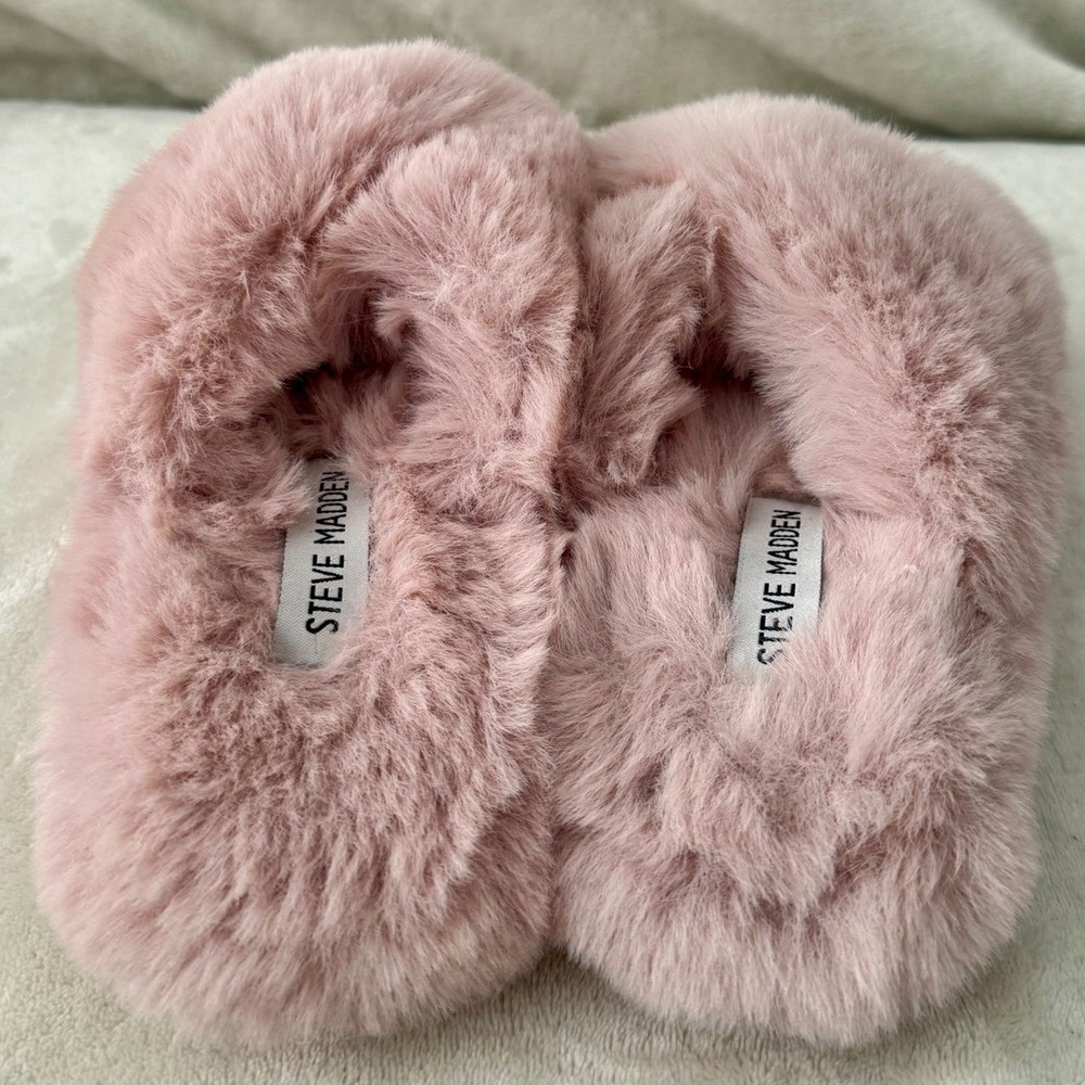 Steve Madden Slippers Pink Faux Fur Fluffy Slides Coquette Small Size 5 Size 6 - Picture 8 of 10